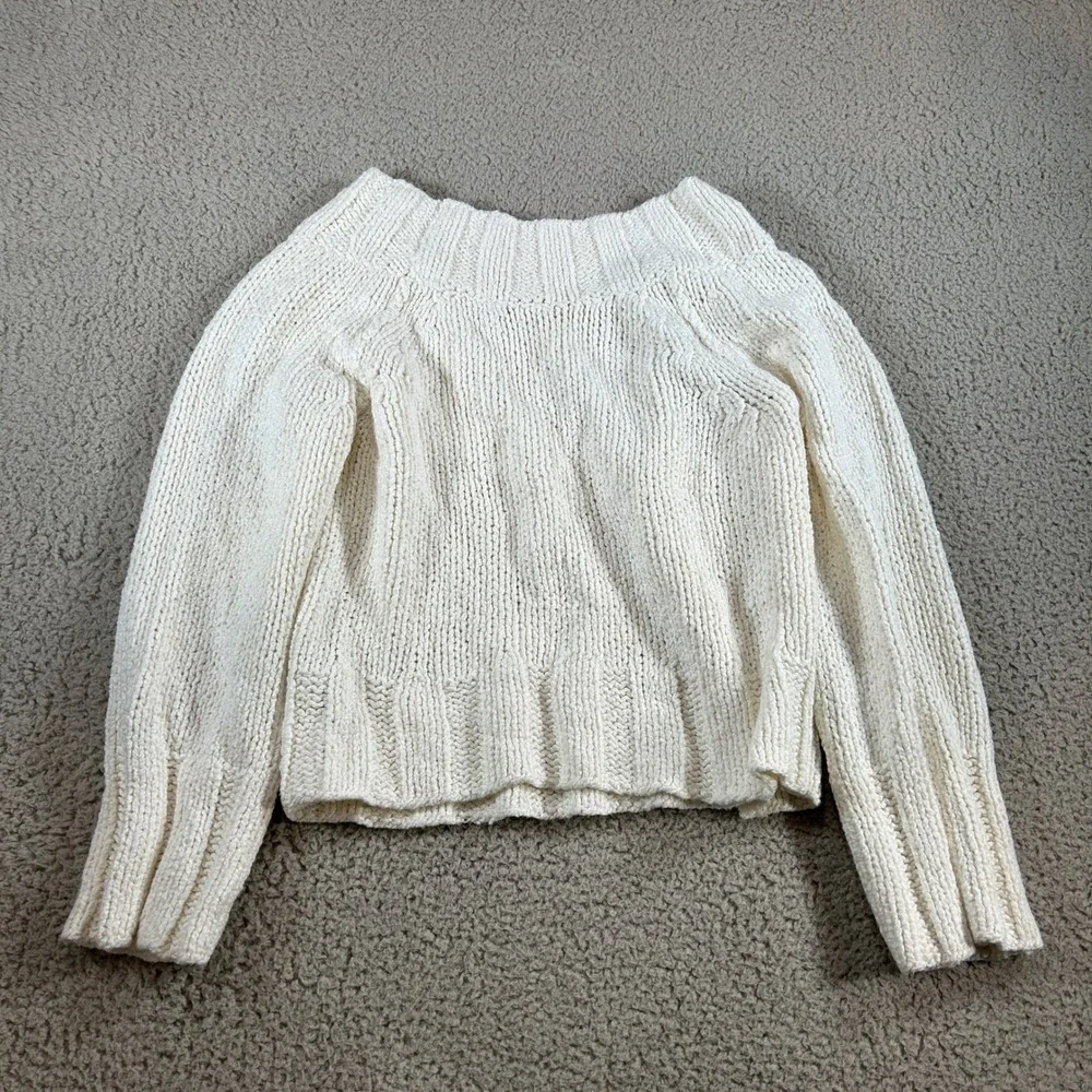 Free People Cream Chunky Knit Cotton Blend Boat Neck Sweater OB516146 Small